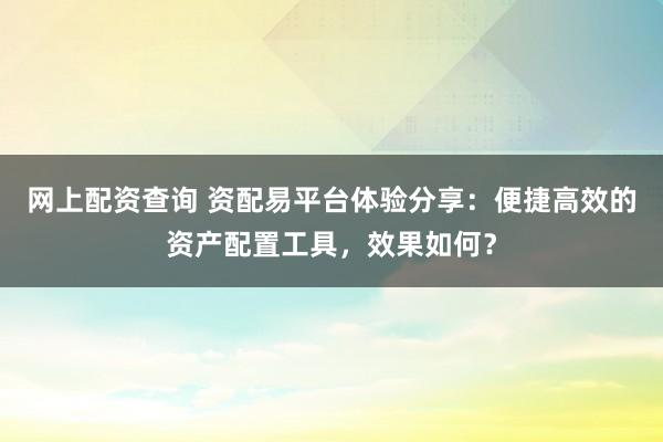 网上配资查询 资配易平台体验分享：便捷高效的资产配置工具，效果如何？